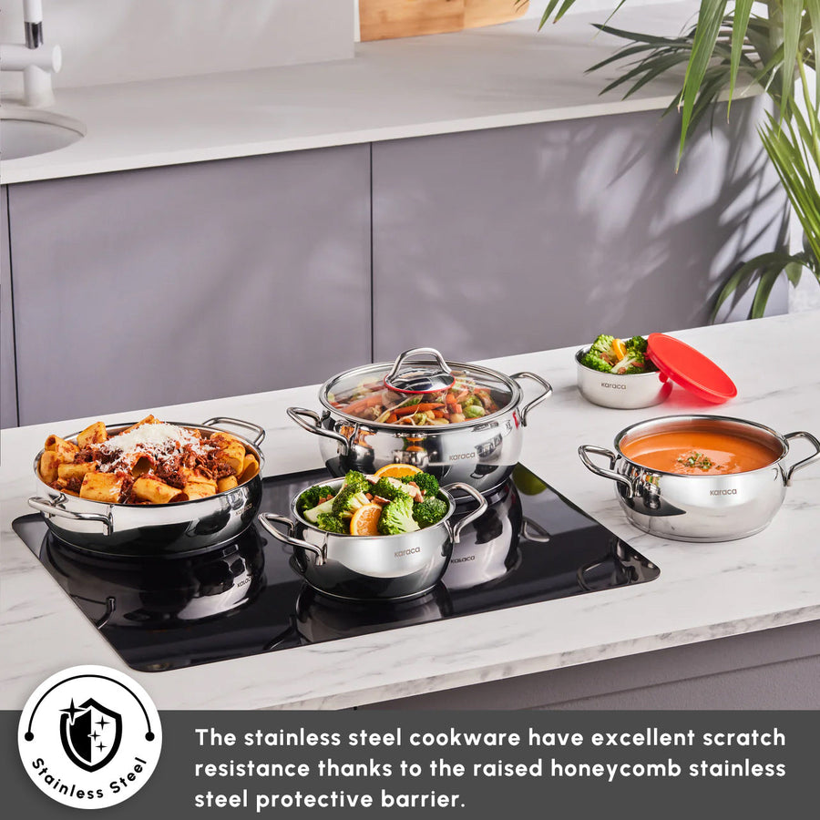 Karaca Emirgan XL 10-Piece Stainless Steel Induction Cookware Set with Storage Container, Silver Red
