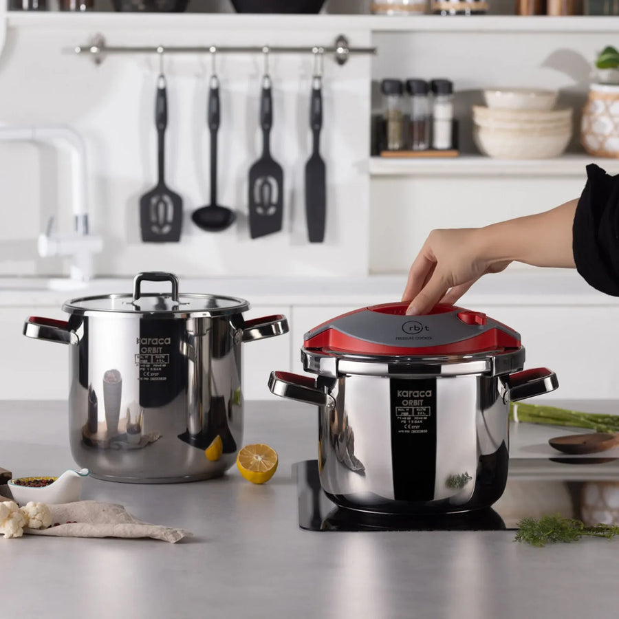 Karaca Orbit 2-Piece Stainless Steel Induction Pressure Cooker Set, 6L+8L, Red