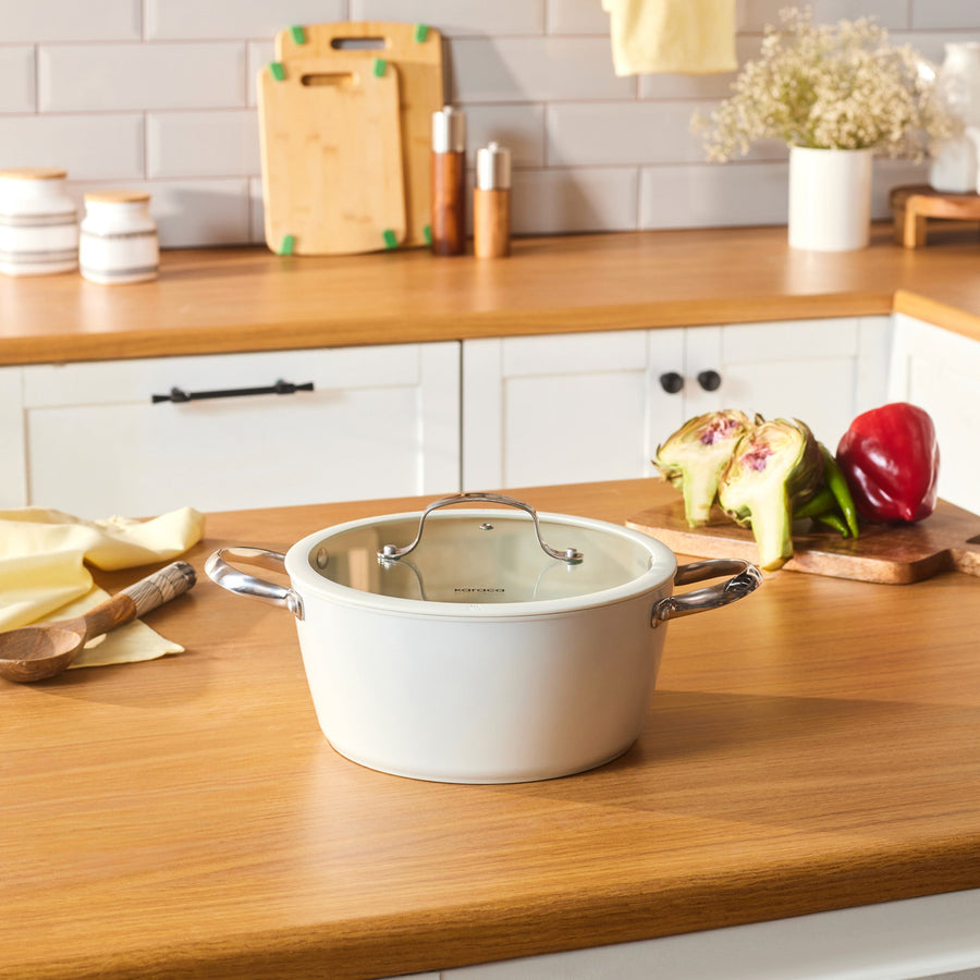 Karaca Swiss Crystal Almond Cream Non-Stick Induction Stainless Steel Handle Casserole & Lid, 20cm, Cream