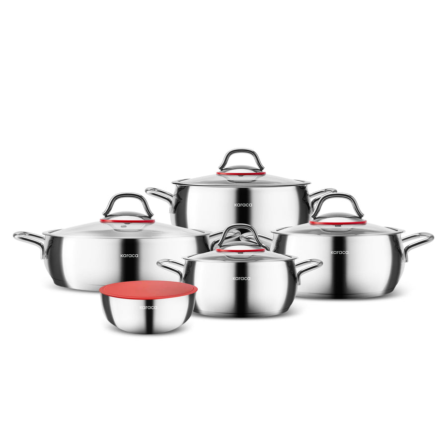 Karaca Emirgan XL 10-Piece Stainless Steel Induction Cookware Set with Storage Container, Silver Red