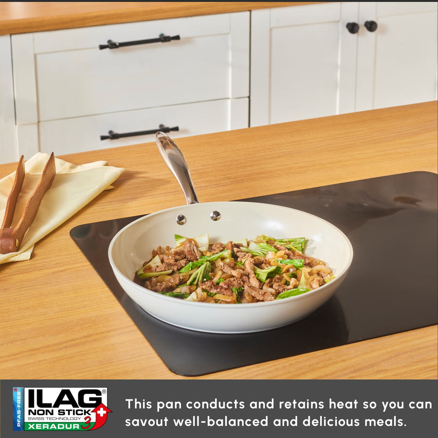 Karaca Swiss Crystal Almond Cream Non-Stick Induction Stainless Steel Handle Pan, 30cm, Cream