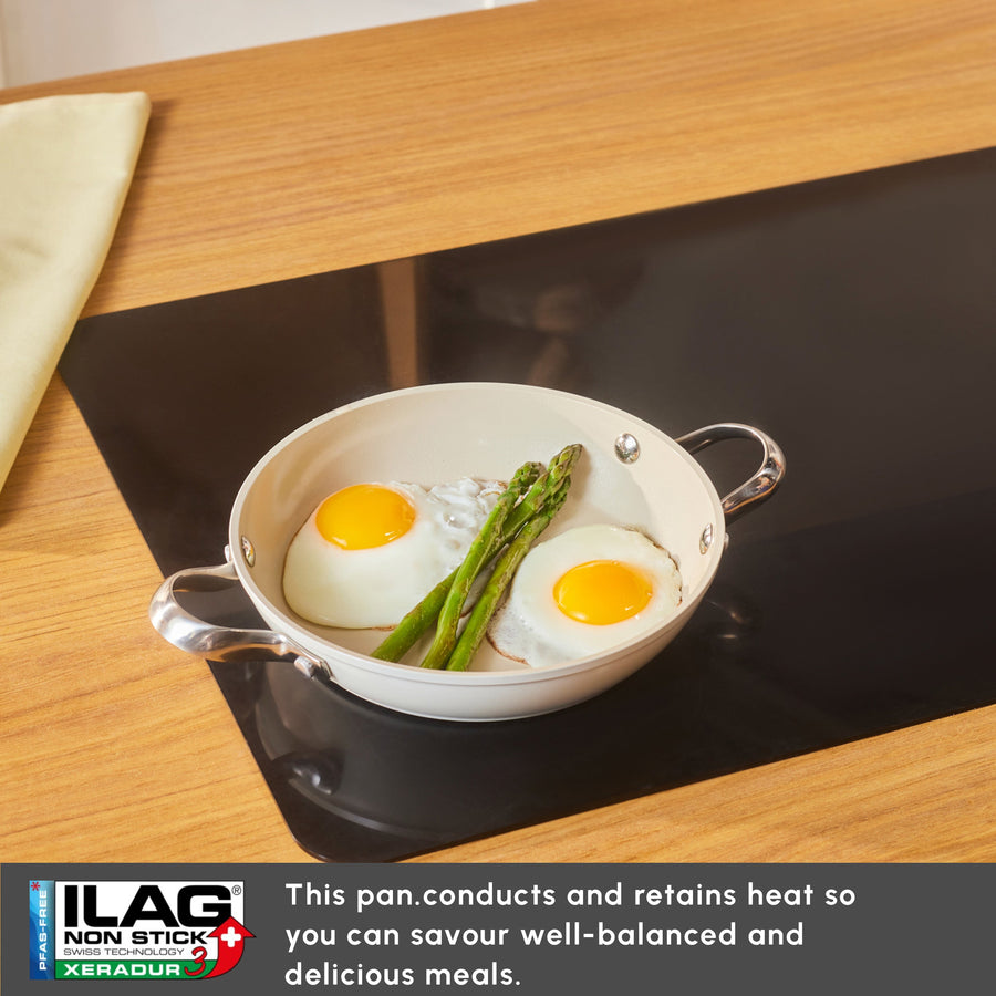 Karaca Swiss Crystal Almond Cream Non-Stick Induction Stainless Steel Handle Shallow Pan, 20cm, Cream