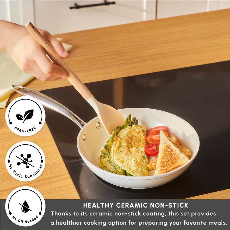 Karaca Swiss Crystal Almond Cream Non-Stick Induction Stainless Steel Handle Pan, 22cm, Cream