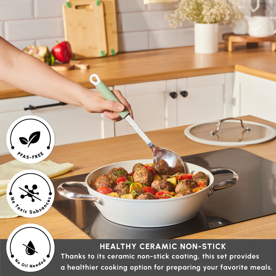 Karaca Swiss Crystal Almond Cream Non-Stick Induction Stainless Steel Handle Shallow Casserole & Lid, 26cm, Cream