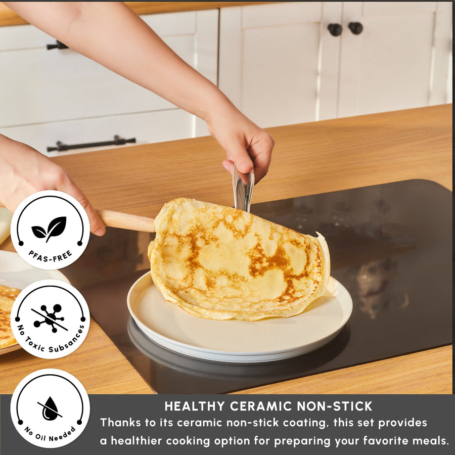 Karaca Swiss Crystal Almond Cream Non-Stick Induction Stainless Steel Handle Pancake Pan, 28cm, Cream