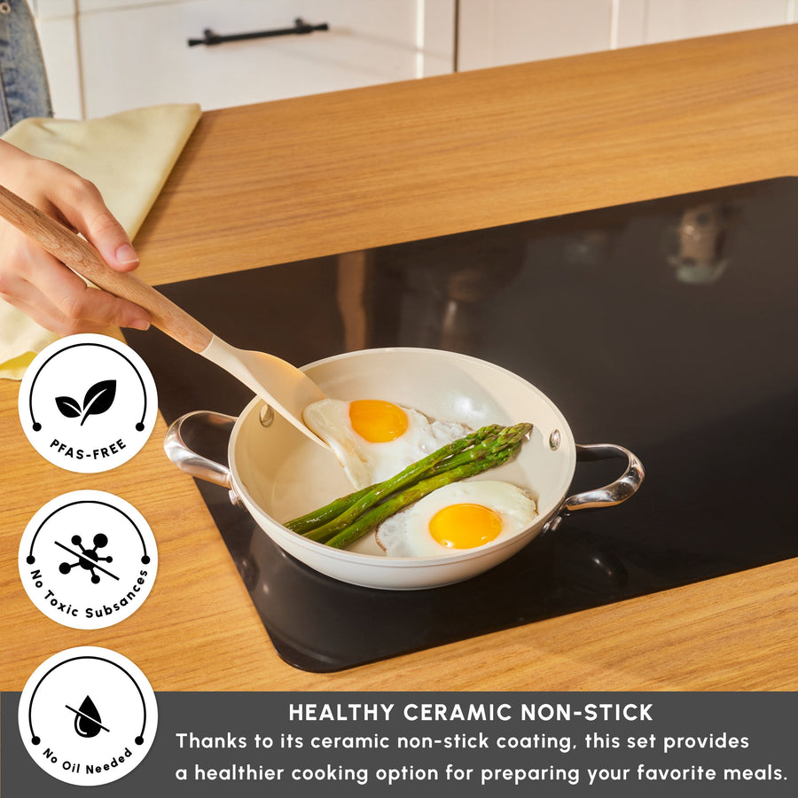 Karaca Swiss Crystal Almond Cream Non-Stick Induction Stainless Steel Handle Shallow Pan, 20cm, Cream