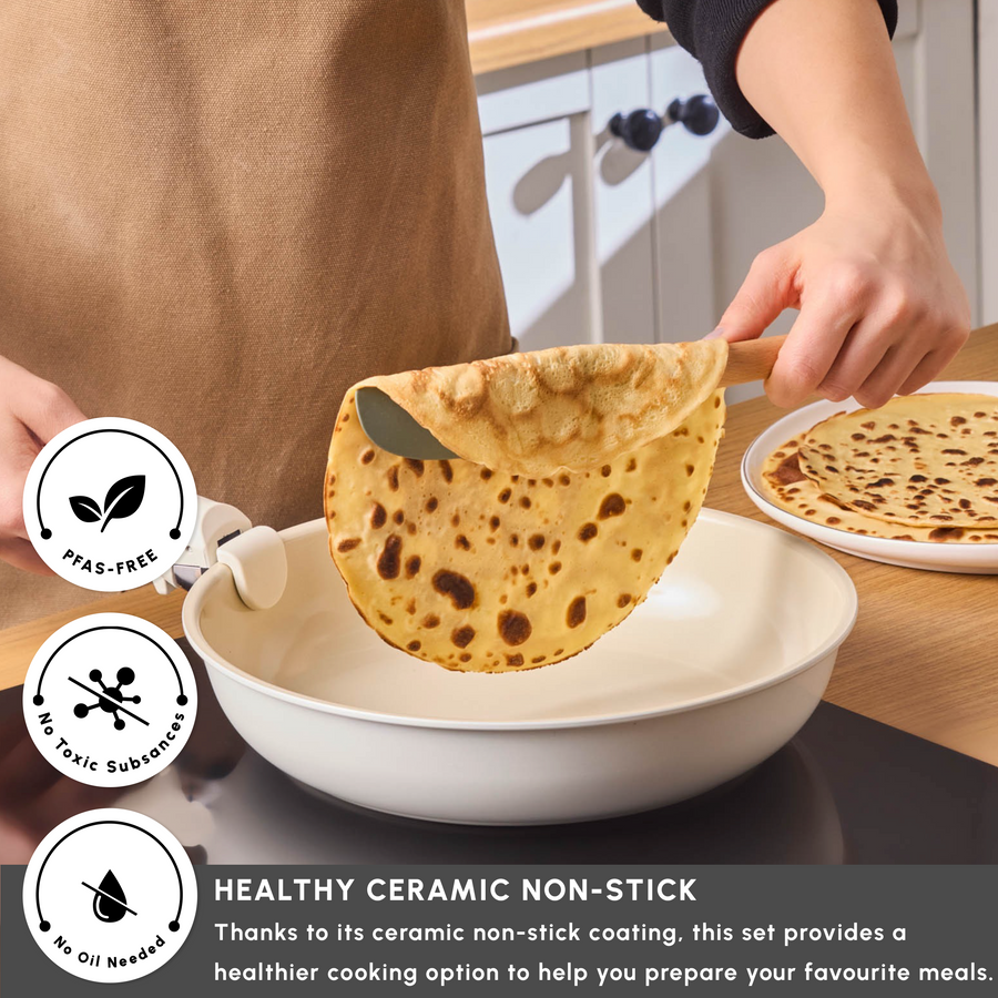 Karaca Ceramica Comfort 6-Piece Non-Stick Induction Detachable Cookware Set, Cream