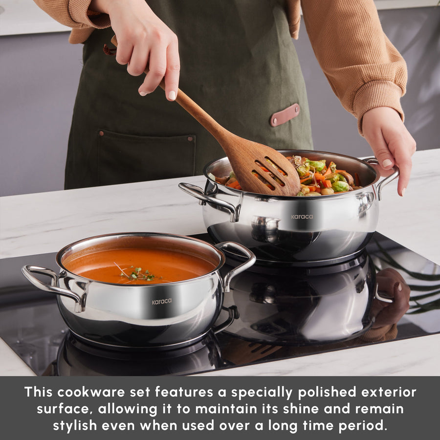 Karaca Emirgan XL 10-Piece Stainless Steel Induction Cookware Set with Storage Container, Silver Red
