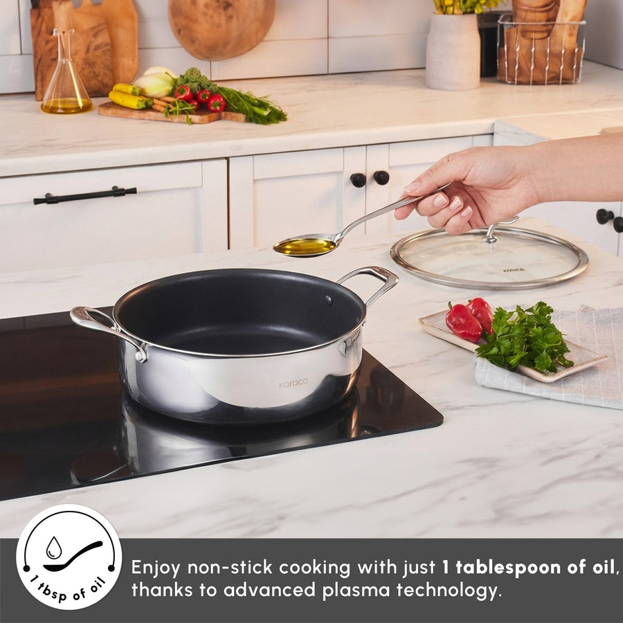 Karaca Plasma Steel 3Ply Non-Stick Induction Shallow Casserole, 30cm, Silver