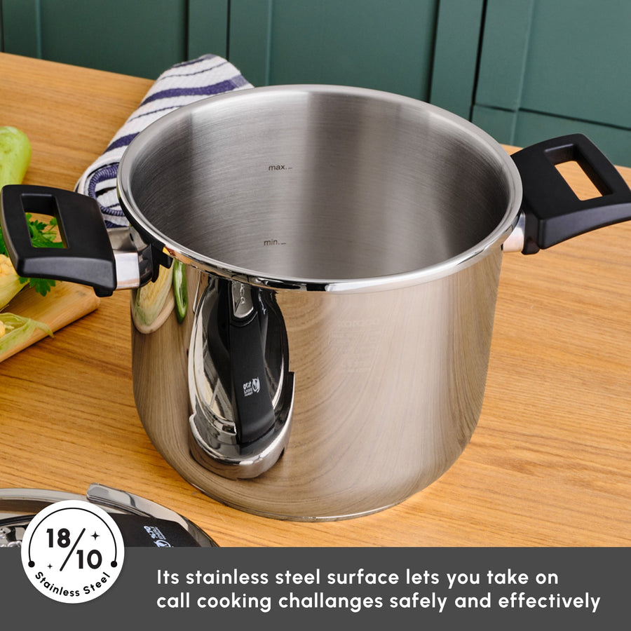 Karaca Marsilya Stainless Steel Induction Pressure Cooker Set, 7L, Silver Black