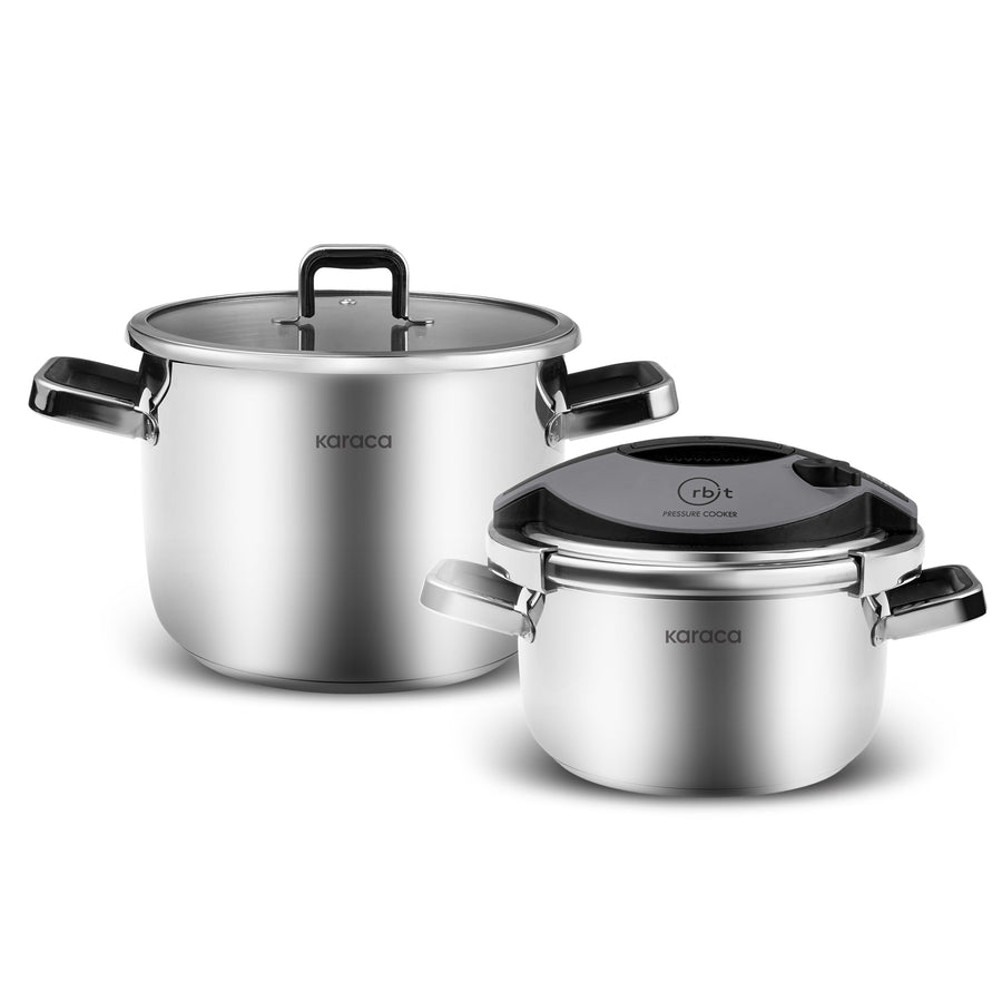 Karaca Orbit 2-Piece Stainless Steel Induction Pressure Cooker Set, 6L+8L, Black