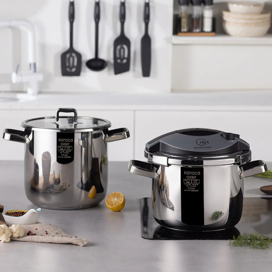 Karaca Orbit 2-Piece Stainless Steel Induction Pressure Cooker Set, 6L+8L, Black
