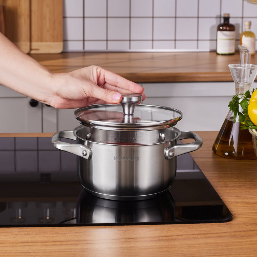 Karaca Elite Stainless Steel Induction Stock Pot, Lid, 16cm, Silver