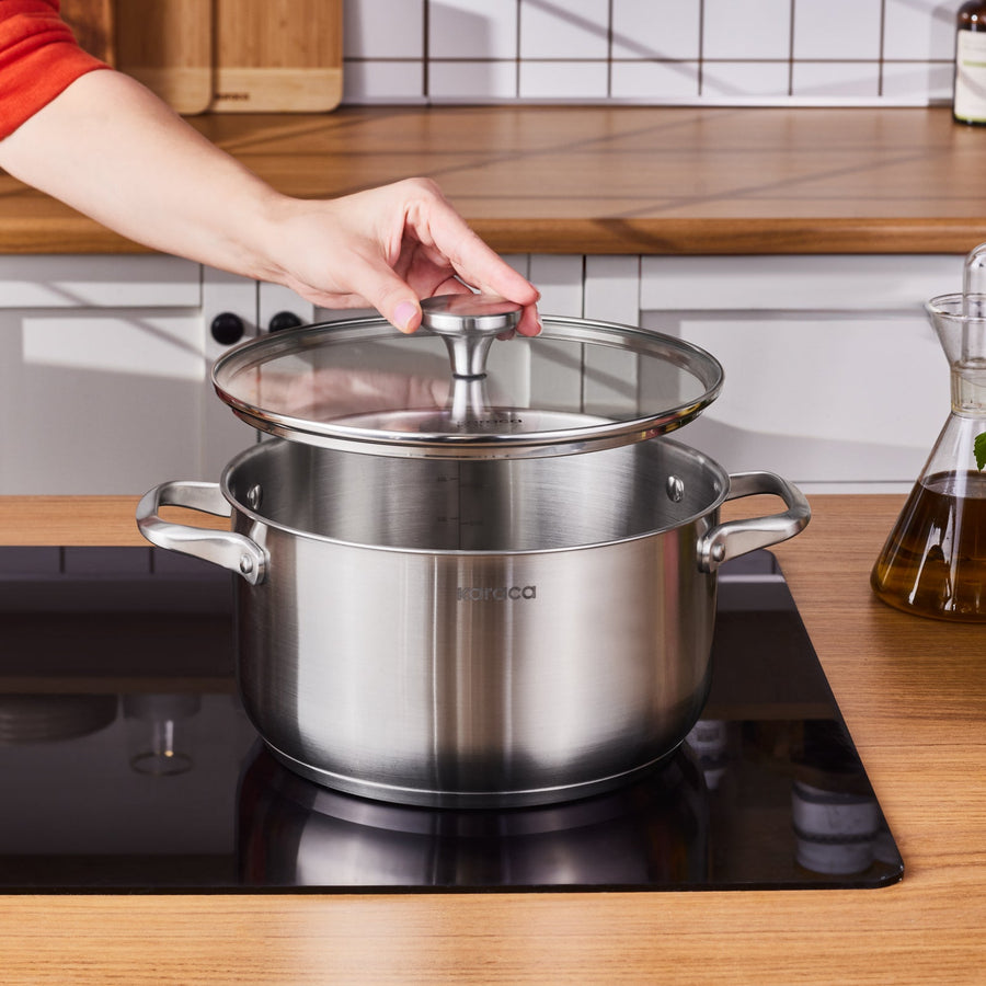 Karaca Elite Stainless Steel Induction Stock Pot & Lid, 24cm, Silver