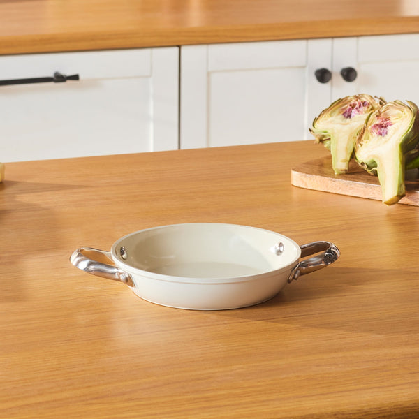 Karaca Swiss Crystal Almond Cream Non-Stick Induction Stainless Steel Handle Shallow Pan, 18cm, Cream
