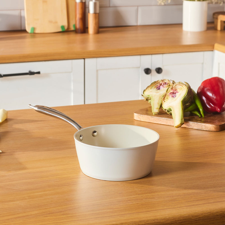 Karaca Swiss Crystal Almond Cream Non-Stick Induction Stainless Steel Handle Sauce Pan, 18cm, Cream