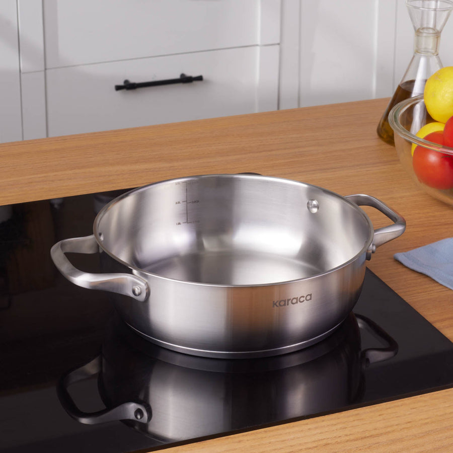 Karaca Elite Stainless Steel Induction Shallow Casserole & Lid, 24cm, Silver