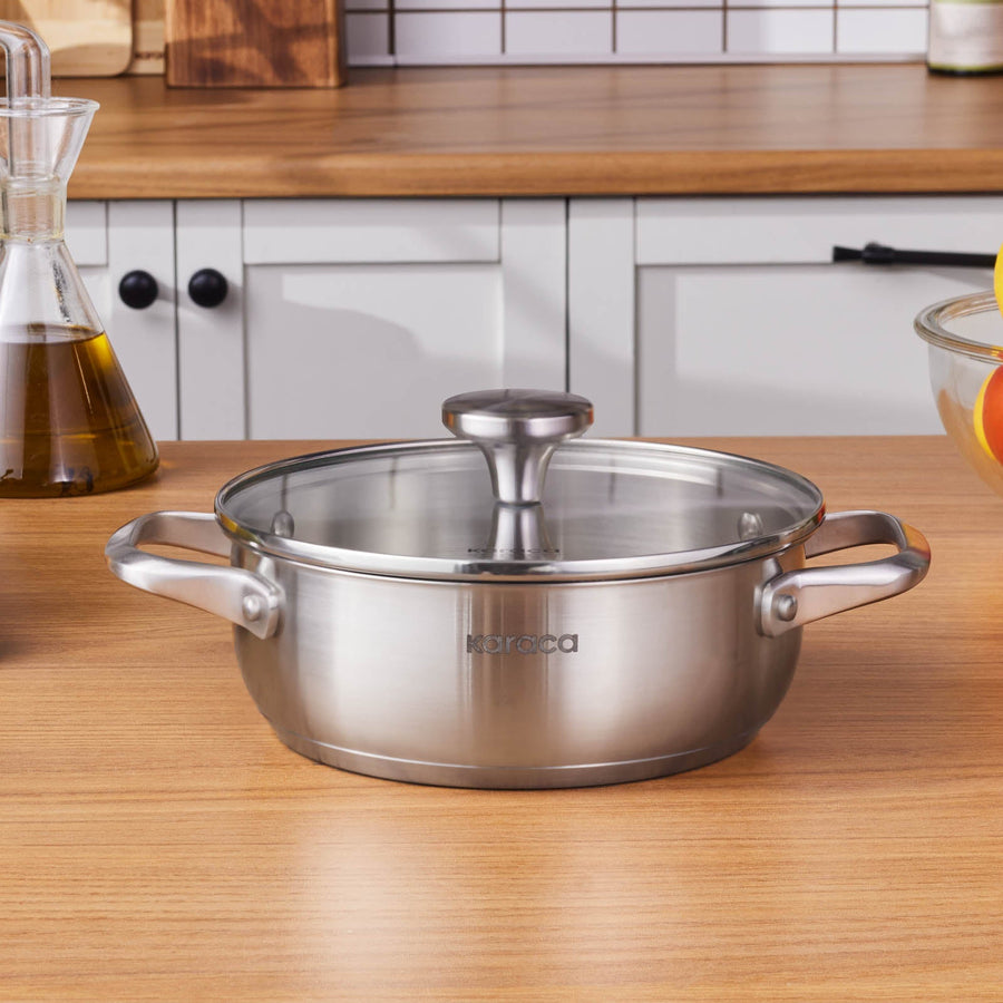 Karaca Elite Stainless Steel Induction Shallow Casserole & Lid, 20cm, Silver