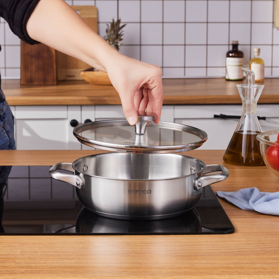 Karaca Elite Stainless Steel Induction Shallow Casserole & Lid, 22cm, Silver