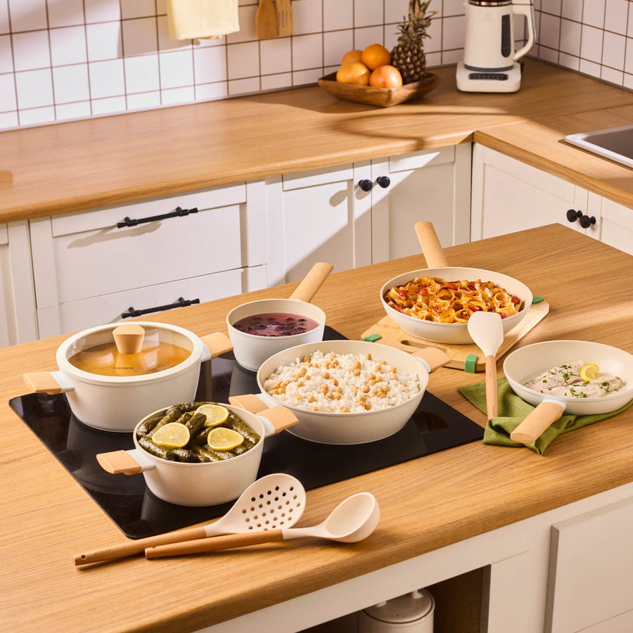 Karaca Swiss Crystal Almond Cream 12-Piece Non-Stick Induction Ceramic Cookware Set, Cream