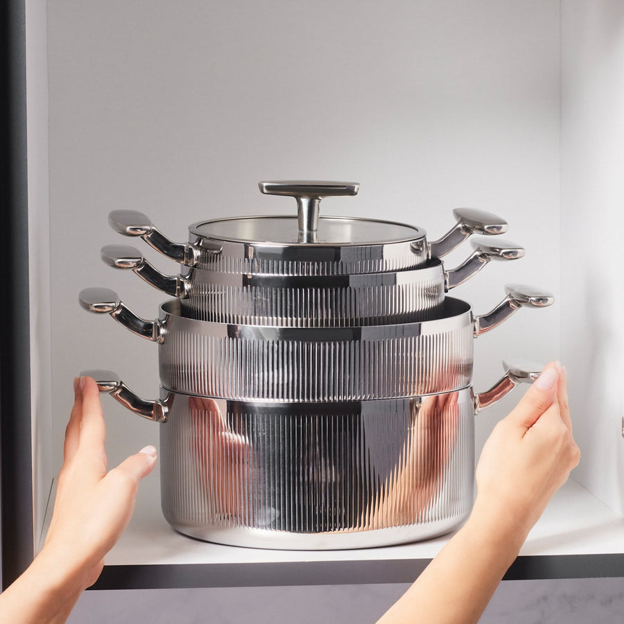 Karaca Rimova 3Ply Stainless Steel 8-Piece Induction Cookware Set with Glass Lid, Silver