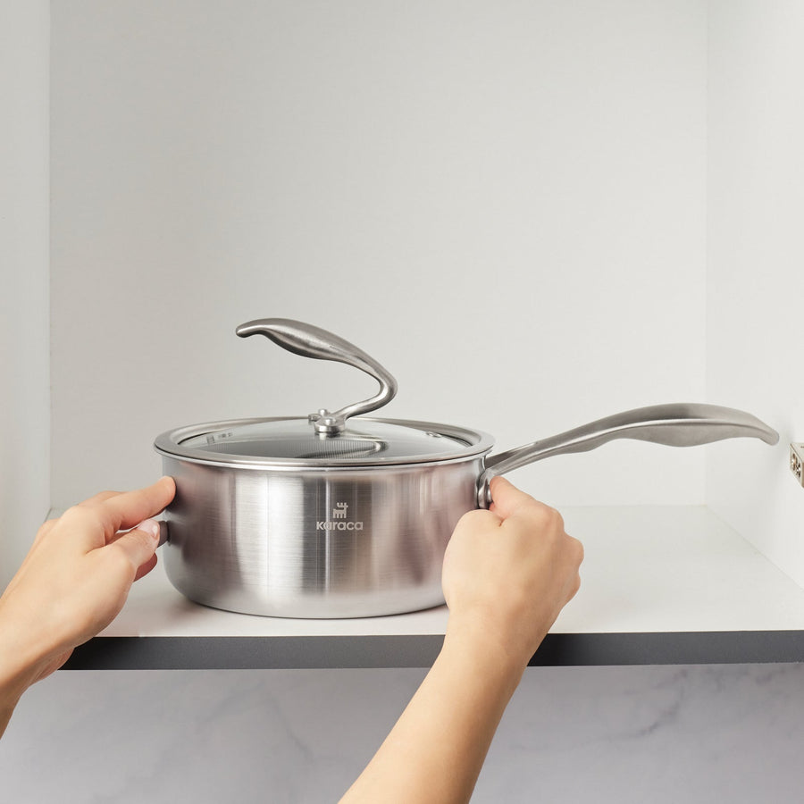 Karaca 5Ply PowerSteel 316+ Stainless Steel Induction Sauce Pan, 18cm, Silver