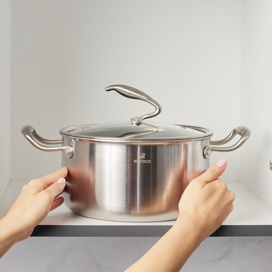 Karaca 5Ply PowerSteel 316+ Stainless Steel Stock Pot & Lid, 24cm, Silver
