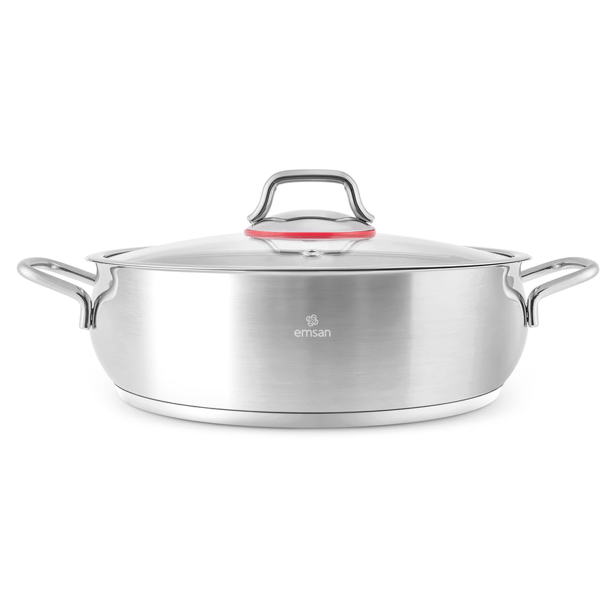Emsan by Karaca Emirgan XL 13-Piece Stainless Steel Induction Cookware Set with Storage Container, Silver Red