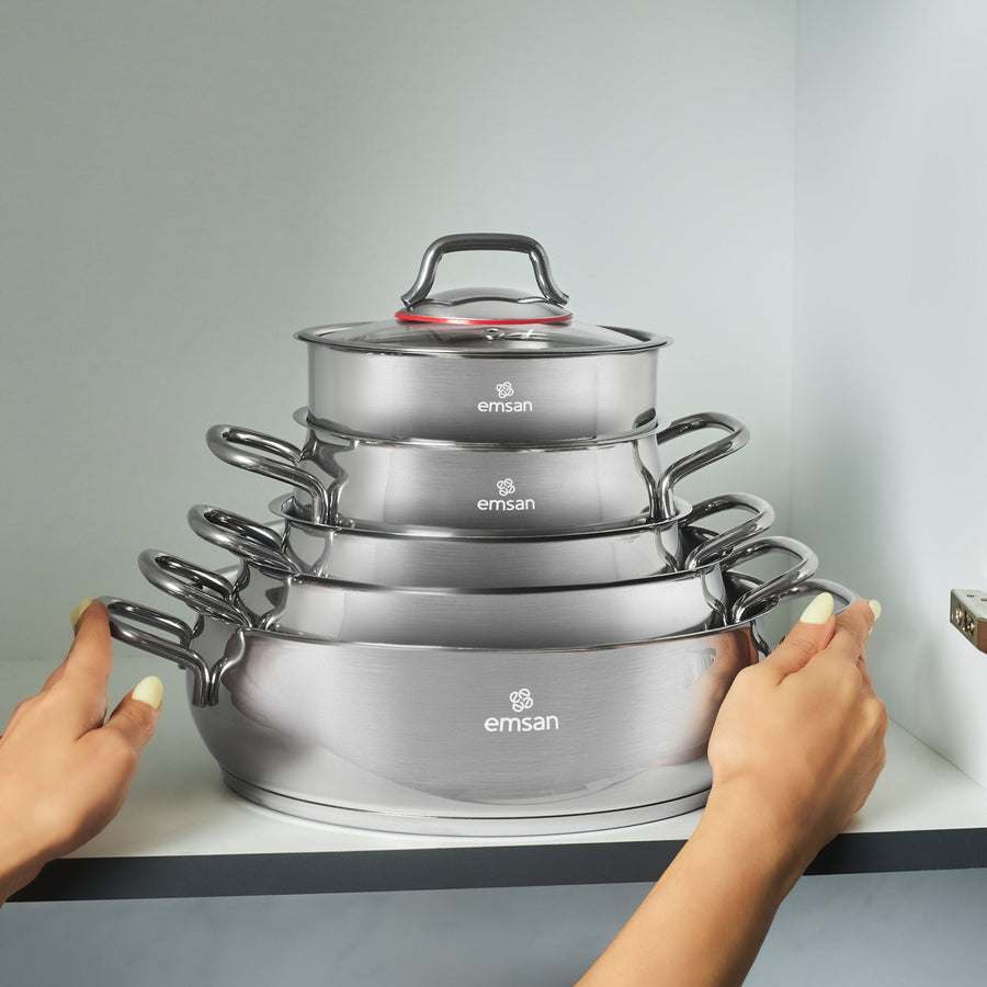 Emsan by Karaca Emirgan XL 13-Piece Stainless Steel Induction Cookware Set with Storage Container, Silver Red
