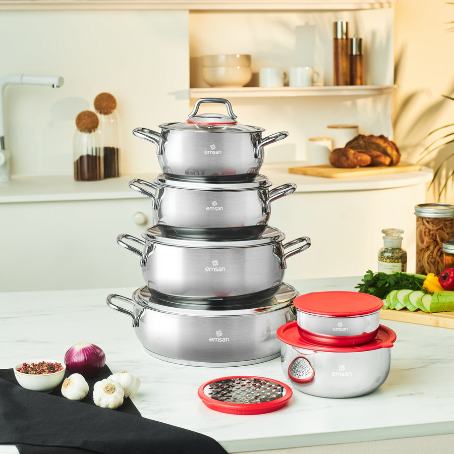 Emsan by Karaca Emirgan XL 13-Piece Stainless Steel Induction Cookware Set with Storage Container, Silver Red