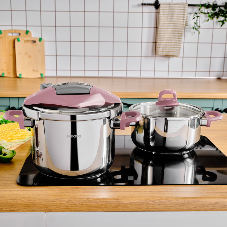 Karaca Perfect 2-Piece Stainless Steel Induction Pressure Cooker Set, 4L+6L, Pink Silver