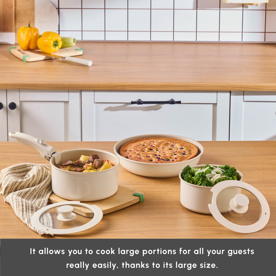 Karaca Ceramica Comfort 6-Piece Non-Stick Induction Detachable Cookware Set, Cream