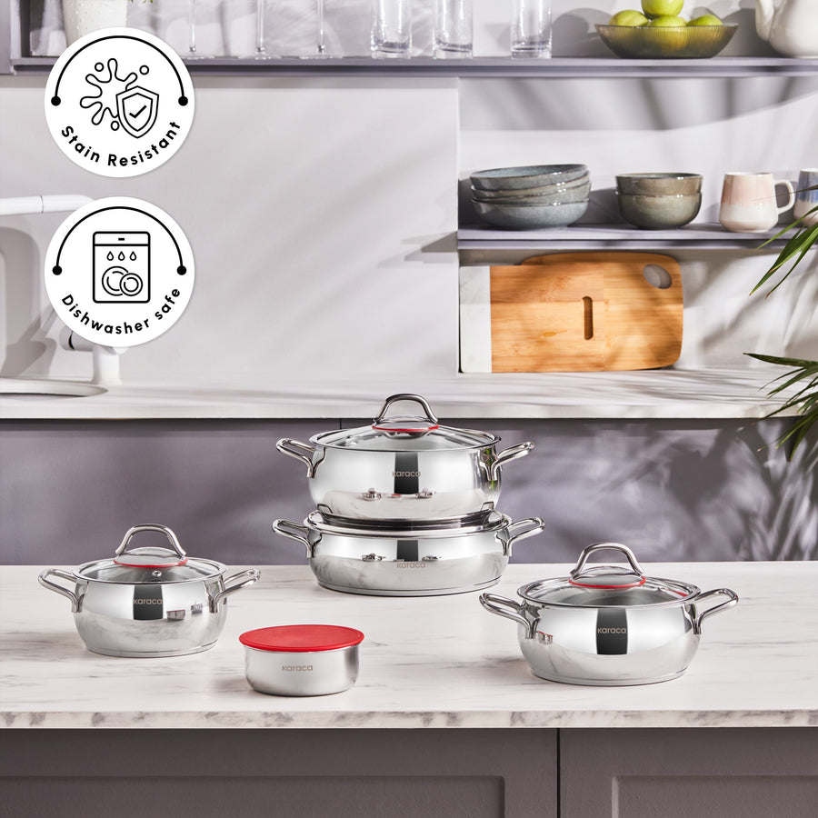 Karaca Emirgan XL 10-Piece Stainless Steel Induction Cookware Set with Storage Container, Silver Red