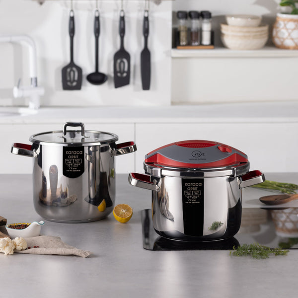 Karaca Orbit 2-Piece Stainless Steel Induction Pressure Cooker Set, 6L+8L, Red