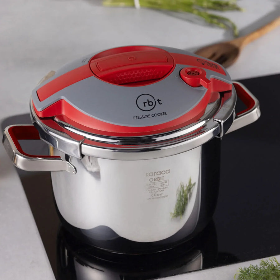 Karaca Orbit 2-Piece Stainless Steel Induction Pressure Cooker Set, 6L+8L, Red