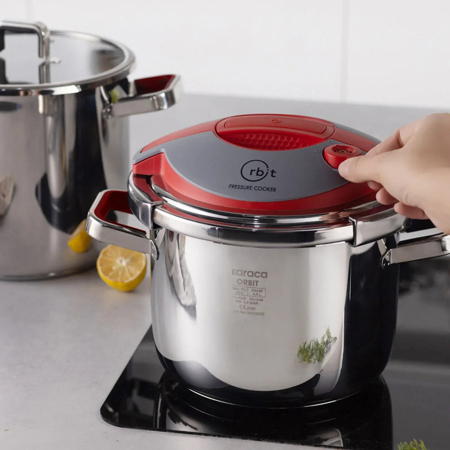 Karaca Orbit 2-Piece Stainless Steel Induction Pressure Cooker Set, 6L+8L, Red