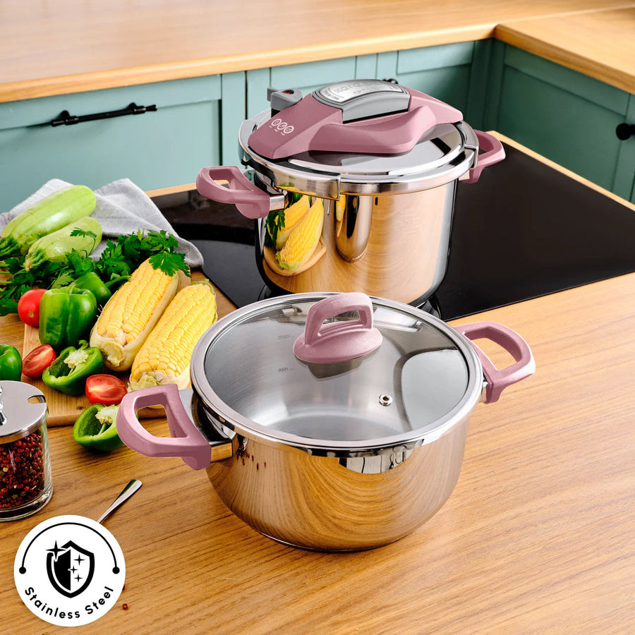 Karaca Perfect 2-Piece Stainless Steel Induction Pressure Cooker Set, 4L+6L, Pink Silver