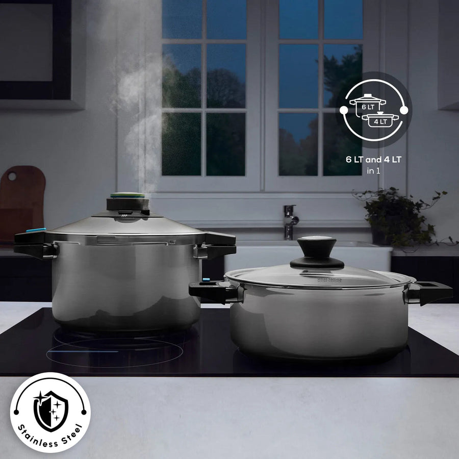 Karaca Quick and Safe 2-Piece Stainless Steel Induction Pressure Cooker Set, 4L+6L, Black Silver