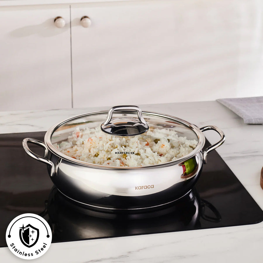 Karaca Emirgan Stainless Steel Shallow Casserole with Lid, 26cm, Silver