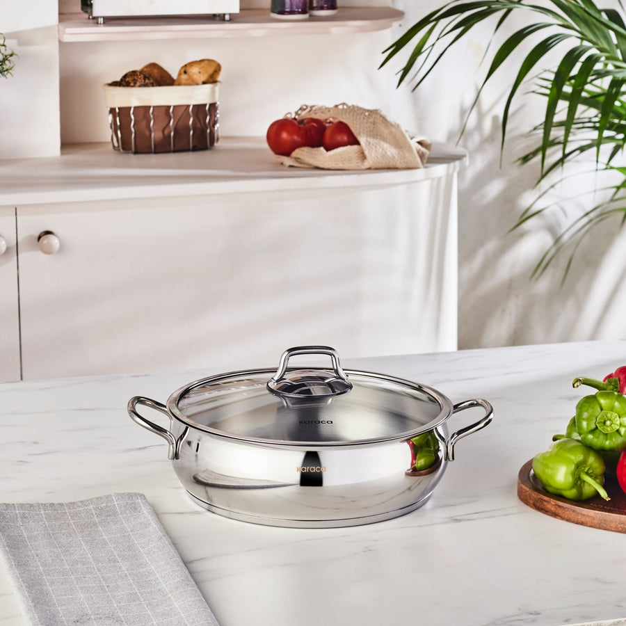 Karaca Emirgan Stainless Steel Shallow Casserole with Lid, 30cm, Silver