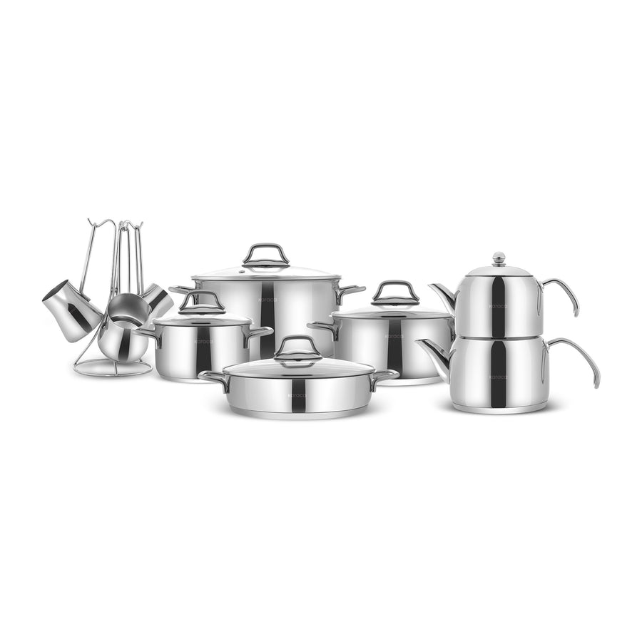 Karaca Belgrad 15-Piece Complete Stainless Steel Kitchen Cookware Set, Silver