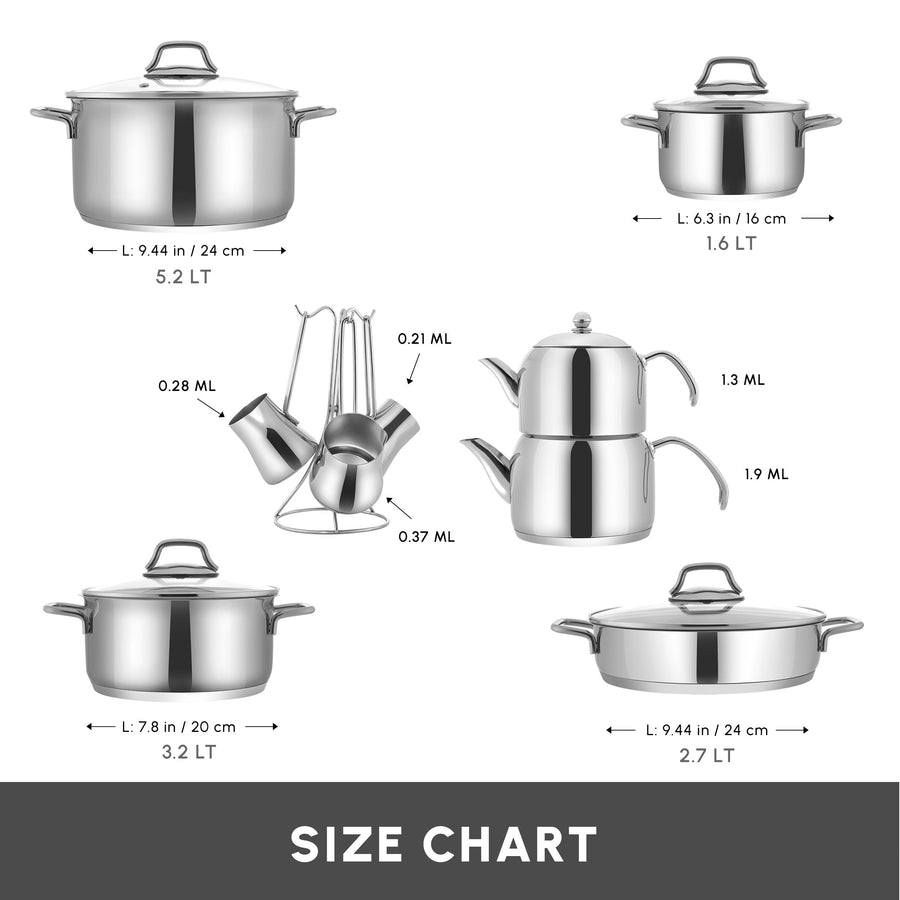Karaca Belgrad 15-Piece Complete Stainless Steel Kitchen Cookware Set, Silver