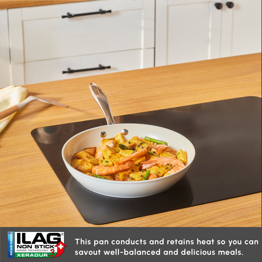 Karaca Swiss Crystal Almond Cream Non-Stick Induction Stainless Steel Handle Pan, 26cm, Cream