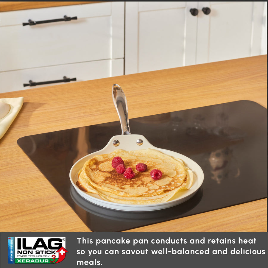 Karaca Swiss Crystal Almond Cream Non-Stick Induction Stainless Steel Handle Pancake Pan, 25cm, Cream