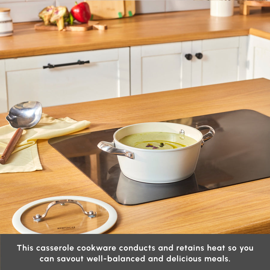 Karaca Swiss Crystal Almond Cream Non-Stick Induction Stainless Steel Handle Casserole & Lid, 18cm, Cream