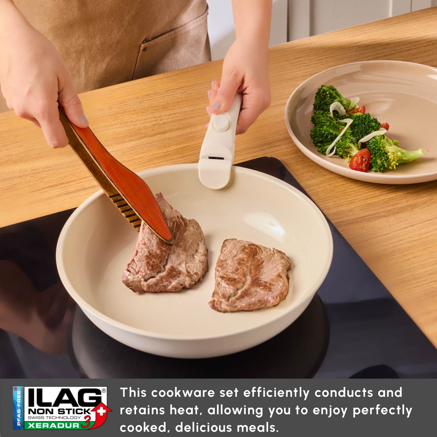 Karaca Ceramica Comfort 6-Piece Non-Stick Induction Detachable Cookware Set, Cream