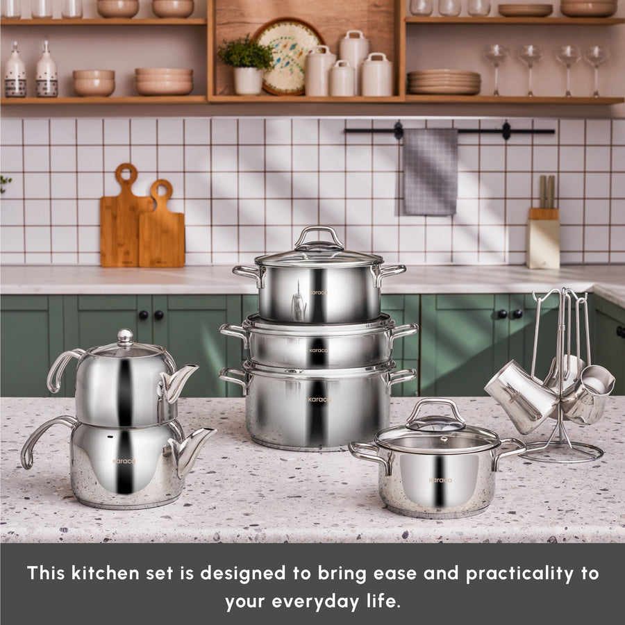 Karaca Belgrad 15-Piece Complete Stainless Steel Kitchen Cookware Set, Silver