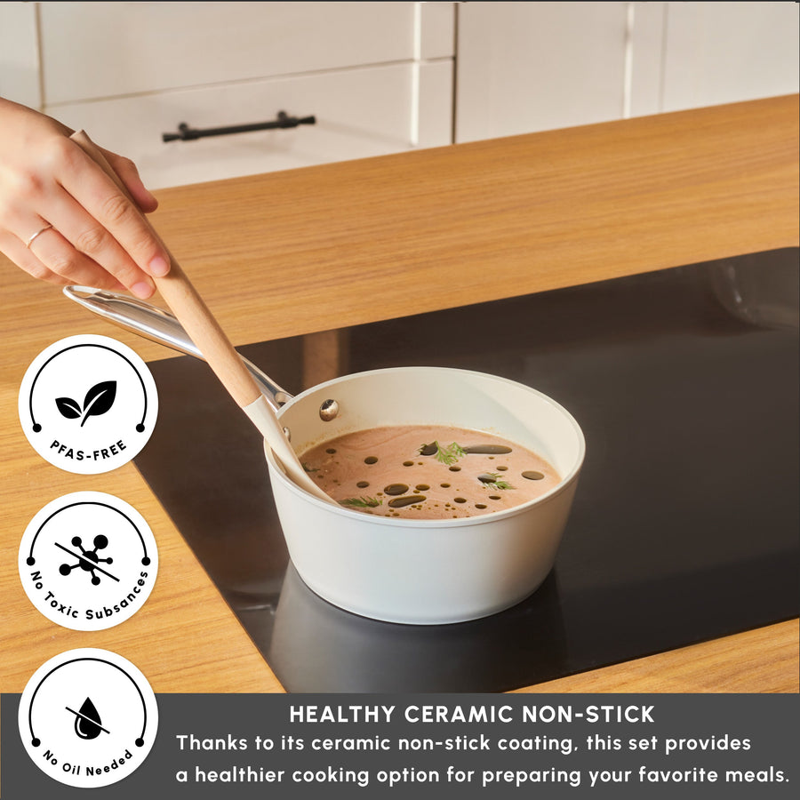 Karaca Swiss Crystal Almond Cream Non-Stick Induction Stainless Steel Handle Sauce Pan, 18cm, Cream