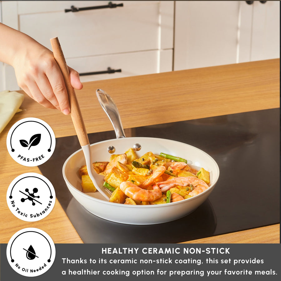 Karaca Swiss Crystal Almond Cream Non-Stick Induction Stainless Steel Handle Pan, 26cm, Cream