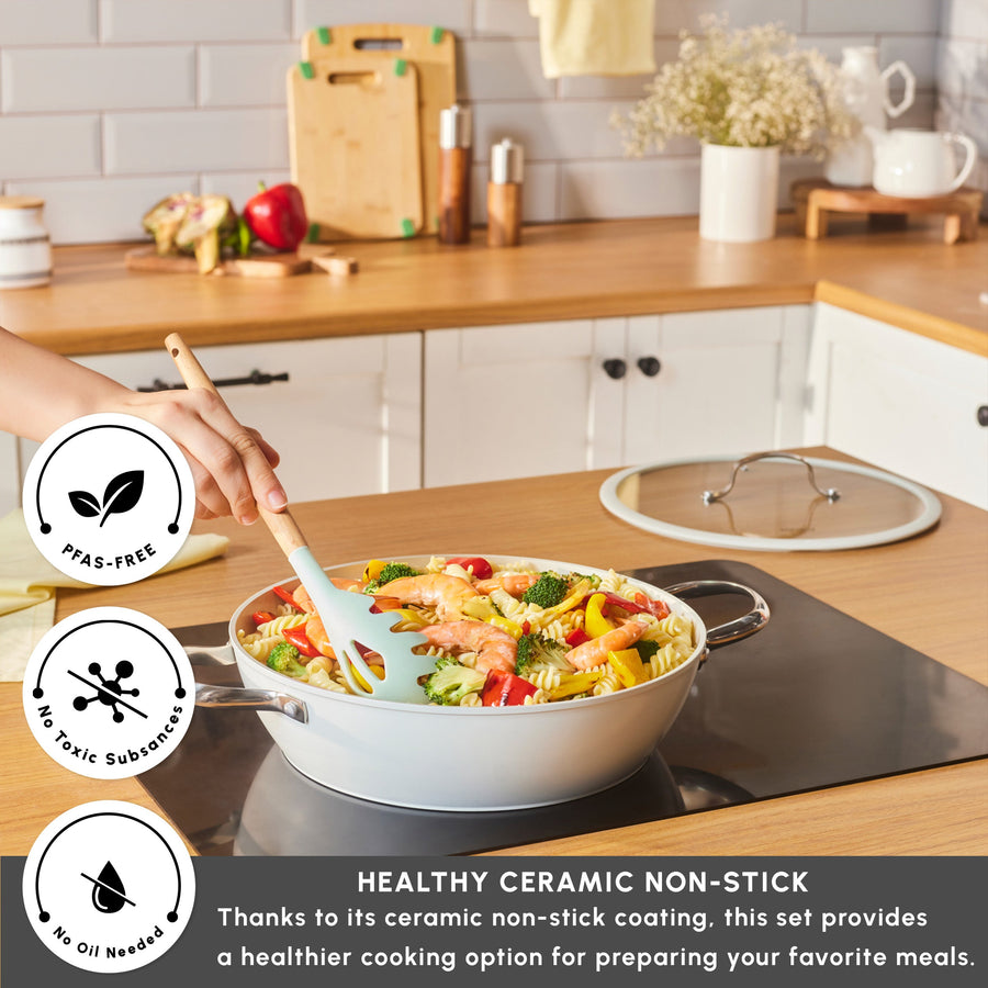 Karaca Swiss Crystal Almond Cream Non-Stick Induction Stainless Steel Handle Shallow Casserole & Lid, 30cm, Cream